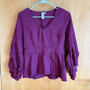 Allison Joy Red Blue Gingham Peplum Blouse Puff Sleeve V Neck XS‎